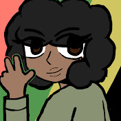 photo of maya mia, cartoon drawing of black woman with peace sign and pan african flag
        behind her